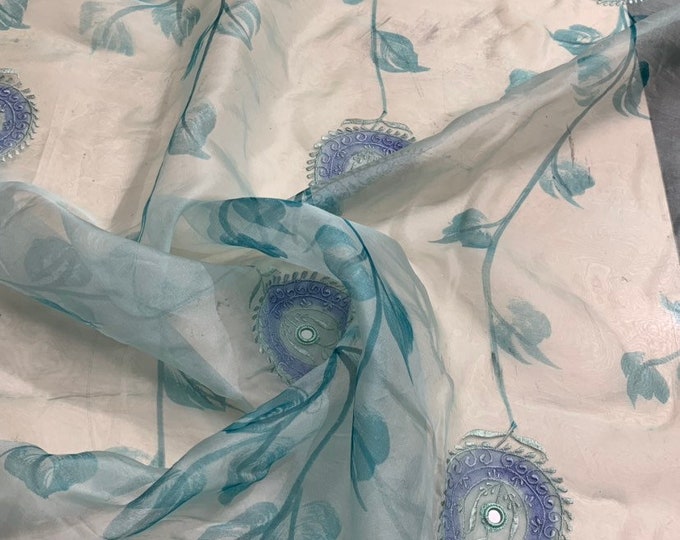 Silk organza paisley floral embroidered with hand paint & mirror embroidered 54" wide beautiful aqua blue color sold by the yard