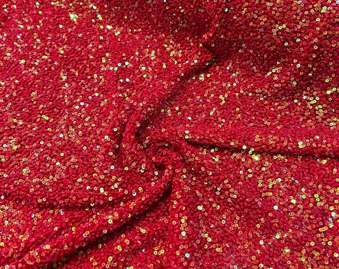 Beautiful bright red on red tiny florescent sequin hand embroidered on silk chiffon 45” wide. Best use for apparel