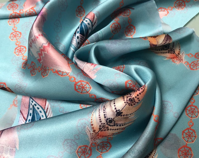 100% silk satin charmeuse digital print 54" wide    Beautiful aqua blue with beige pinkish shade print  silky soft fabric sold by the fabric