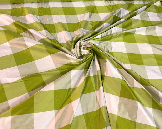 100% silk shantung plaid 54" wide   Beautiful green white color     Fabric sold by the yard
