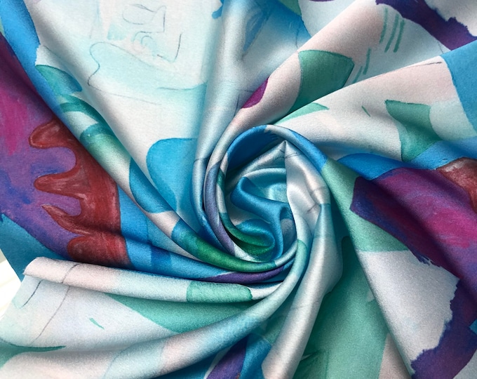 Soft Satin charmeuse digital print 54" beautiful turquoise blue mint green fuchsia purple shades design print   Fabric sold by the yard