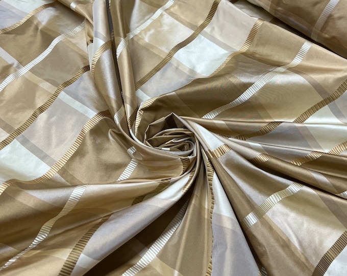 Silk taffeta satin stripe 54" wide     Beautiful ivory champagne gold shades satin stripe silk taffeta plaid’s Fabric sold by the yard