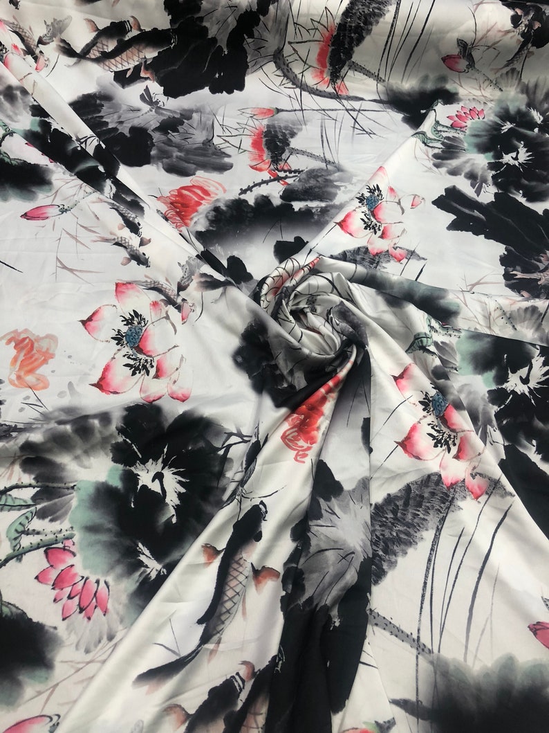 Satin charmeuse digital print 54 wide Beautiful white black red colors silky satin charmeuse fabric sold by the yard