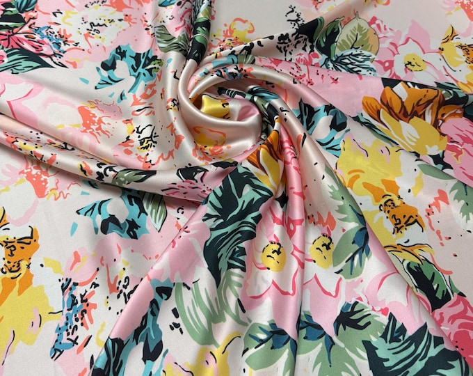 100% silk satin charmeuse digital print 54" wide    Beautiful ivory base with pink yellow pastel spring floral design silk fabric 54” wide