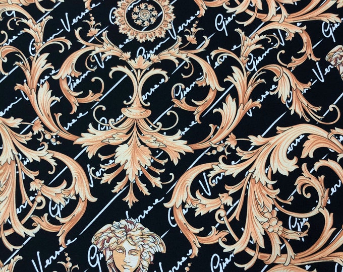 Beautiful black gold designer pattern digital print on silky satin 54” wide. Sold by the yard. Best used for apparel