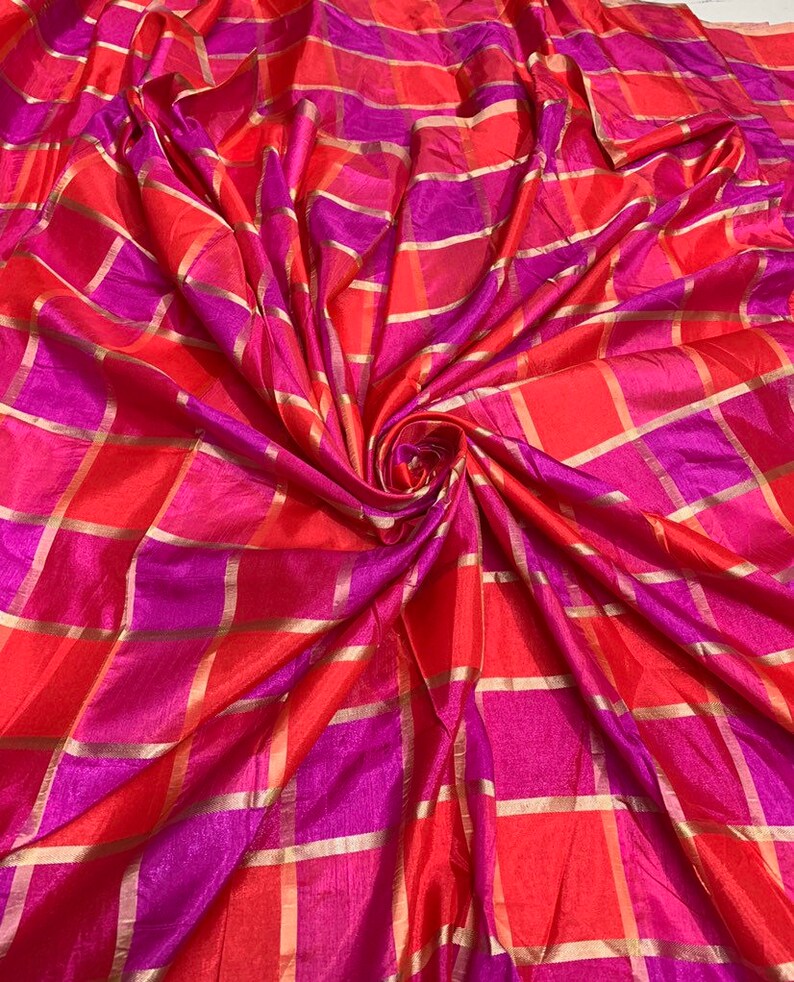 Vescose matalic plaid soft silky fabric 44 wide beautiful fusia pink red gold color
