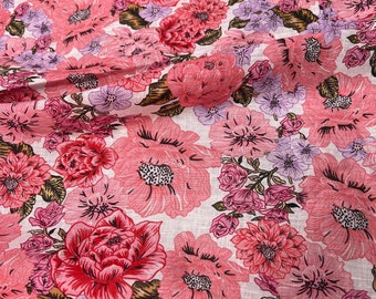 100% Linen designer print, Ivory base with pink coral peach lilac green leaves floral  designer printed linen. 58” wide Sold by the yard