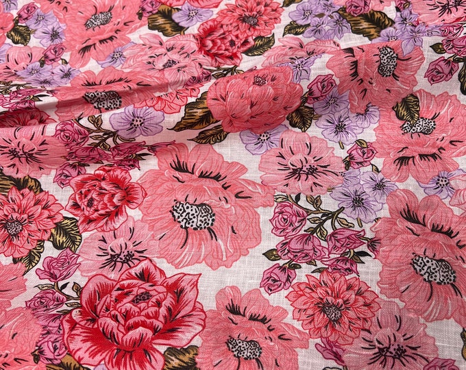 100% Linen designer print, Ivory base with pink coral peach lilac green leaves floral  designer printed linen. 58” wide Sold by the yard