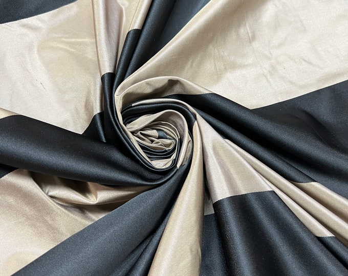 Silk taffeta 54" wide   Beautiful Black and Tan gold wide satin stripe silk taffeta fabric sold by the yard