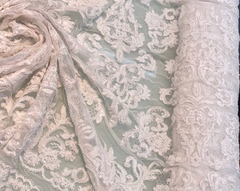 White Bridal lace, beautiful white color hand embroidery re-embroided 52" wide bridal lace fabric sold by the yard