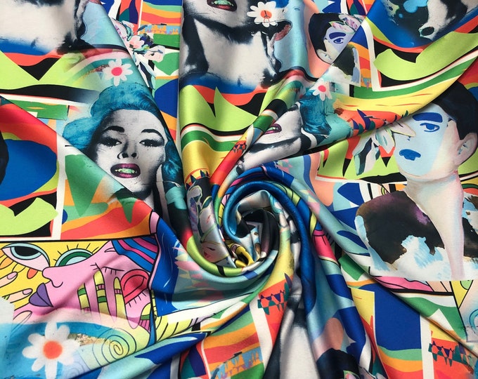 Beautiful multi color face style  designer digital print on silky satin Charmouse 54” wide. Sold by the yard. Best used for apparel