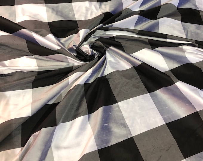 Taffeta 54" wide    Beautiful black white grey plaid shantung fabric sold by the yard