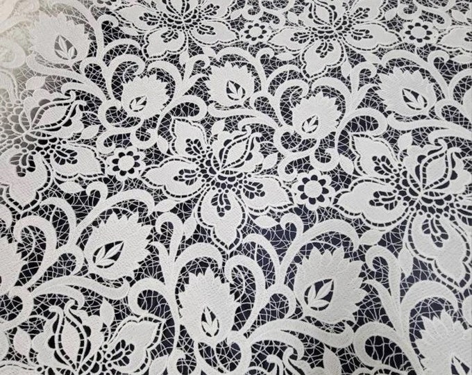 Guipure lace fabric 50” wide. Beautiful floral design, natural white color.