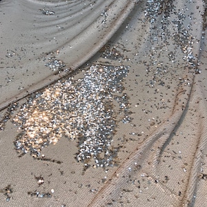 May include: A close-up of a beige fabric with silver sequins. The sequins are arranged in a random pattern, creating a shimmering effect.
