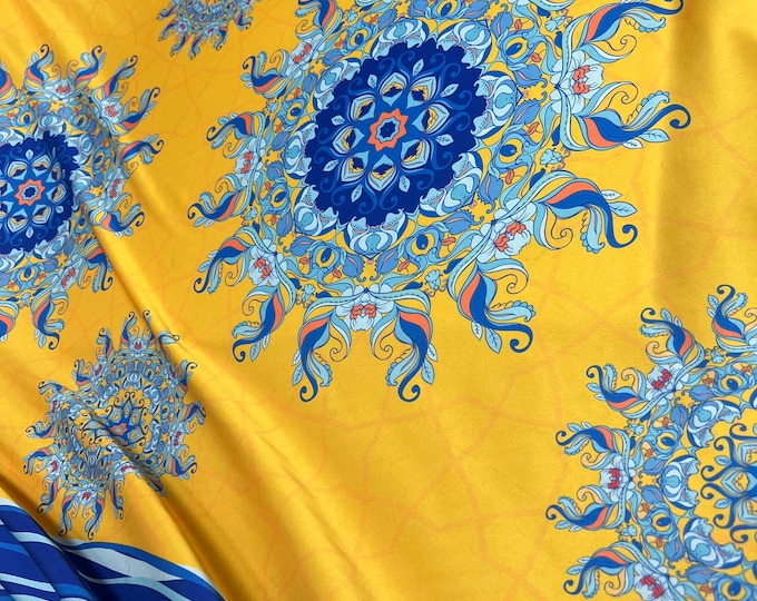 Beautiful both side border center big pattern mustard & blue color designer pattern digital print on silky satin 54” wide.