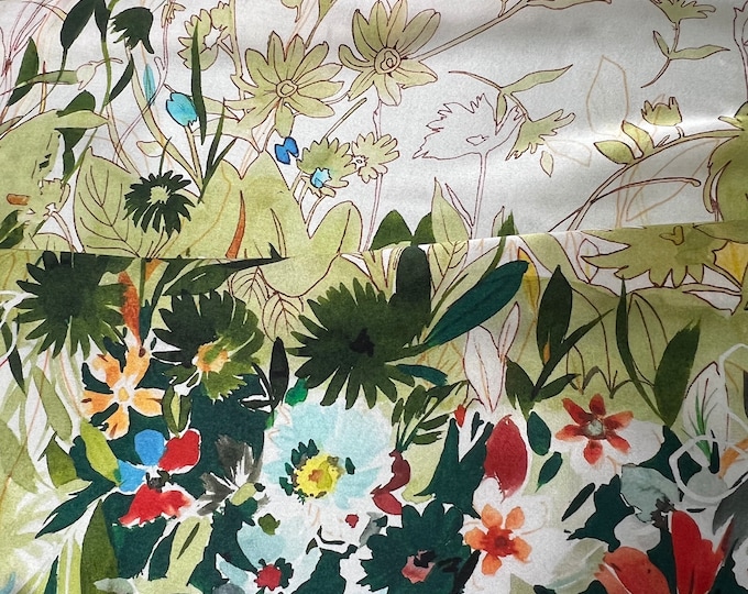 100% silk satin charmeuse digital print 54" wide    Beautiful ivory base with olive kiwi green red border style floral design 54” wide