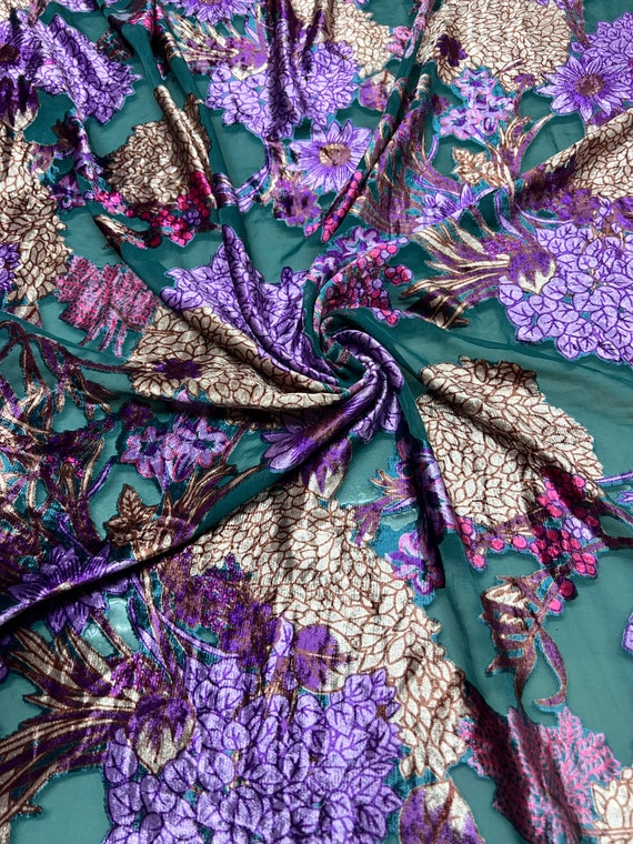 Italian Designer Chiffon Velvet Burnout Turquoise Base With Purple Green  Grayish Cream Floral Design Print. Price for One Yard 45 Wide -  Canada