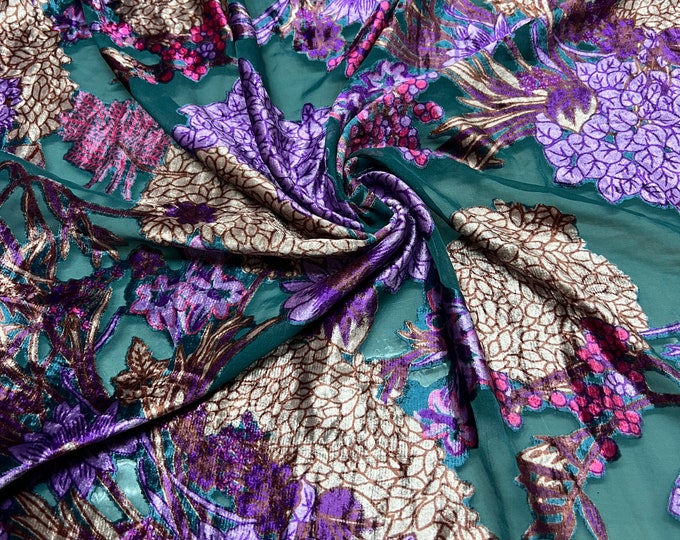 Italian designer Chiffon Velvet Burnout turquoise base with purple green grayish cream Floral design print. Price for One Yard  45" Wide