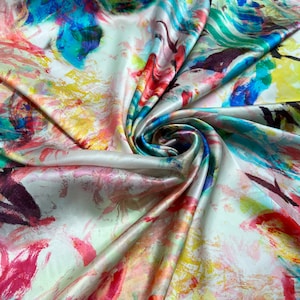 100% silk satin charmeuse digital print 54&quot; wide    Beautiful artistic design multi rainbow colors option 2 print silky soft fabric 54” wide
