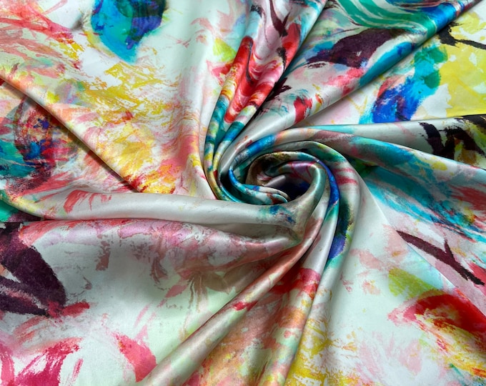 100% silk satin charmeuse digital print 54" wide    Beautiful artistic design multi rainbow colors option 2 print silky soft fabric 54” wide