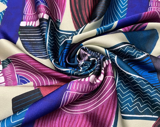 Soft Satin charmeuse digital print 54" wide   Beautiful ivory purple Fusia purplish blue colors abstract design   Fabric sold by the yard