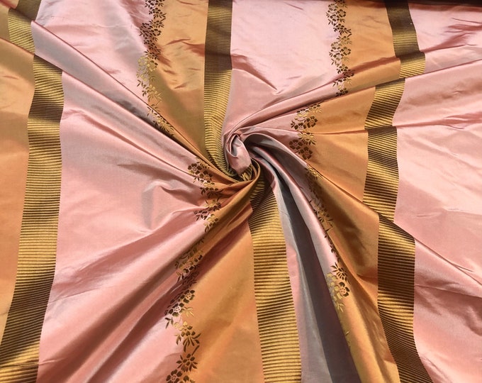 Silk taffeta 54” beautiful salmon pumpkin shades stripe with copper floral Jaguard stripe silk fabric sold by the yard
