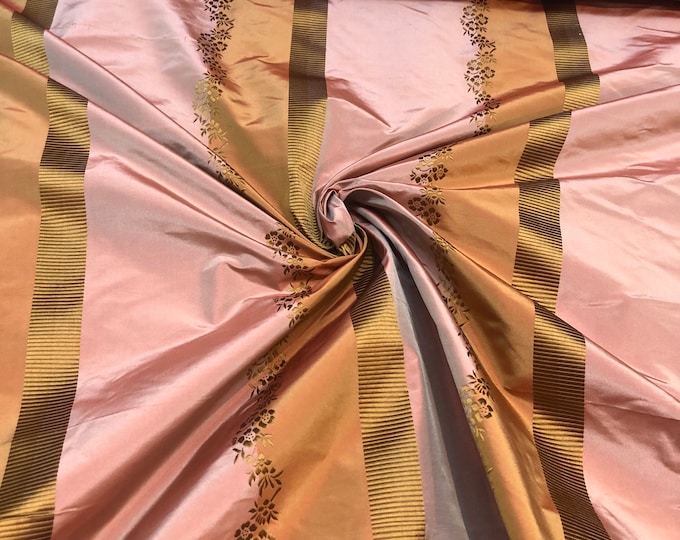 Silk taffeta 54” beautiful salmon pumpkin shades stripe with copper floral Jaguard stripe silk fabric sold by the yard