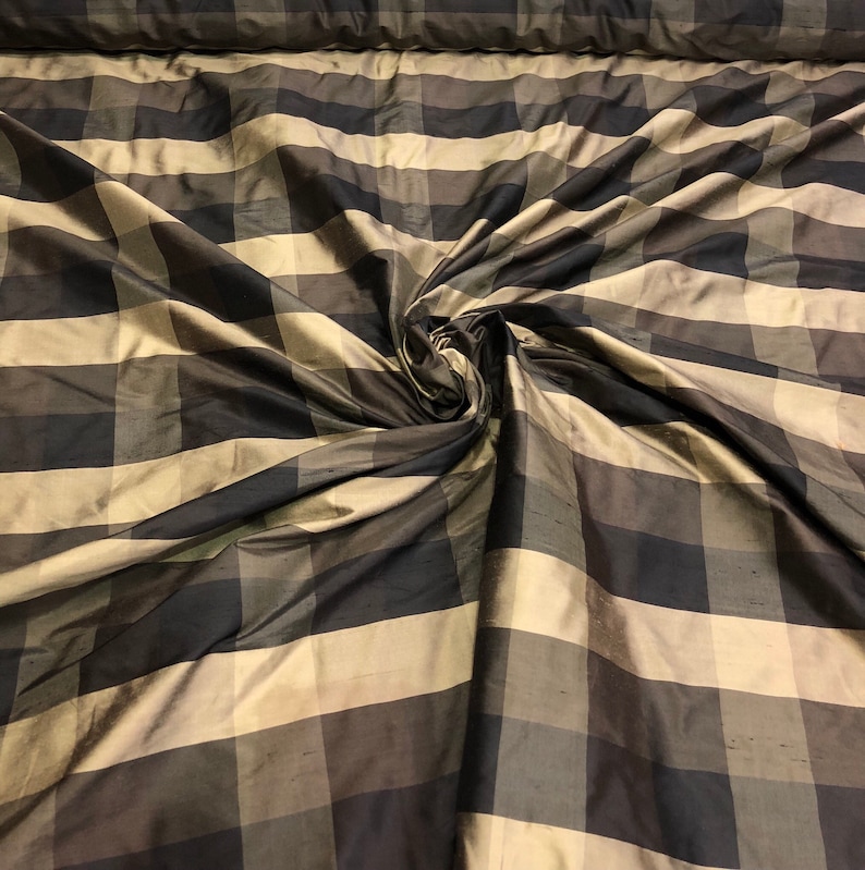 Silk shantung plaid 54 wide Beautiful black gold tan color silk shantung fabric sold by the yard