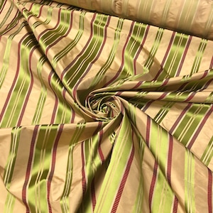 Silk taffeta 54"   Beautiful gold color with green wine red satin stripes fabric sold by the yard