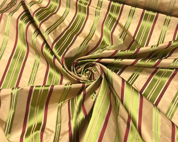Silk taffeta 54"   Beautiful gold color with green wine red satin stripes fabric sold by the yard