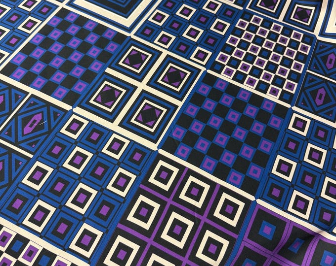 100% silk satin charmeuse digital print 54" wide    Beautiful geometric design in black blue n purple white shades soft fabric 54”wide