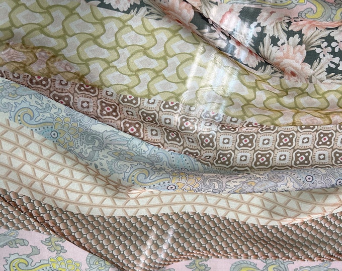 100% silk satin face chiffon digital print 54" wide    Beautiful stripe border style green pink tan beige black blue colors combo design