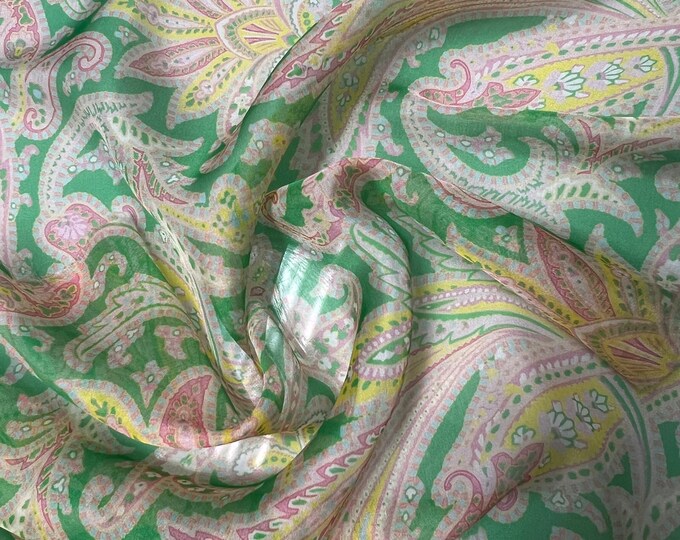 100% silk satin face chiffon digital print 54" wide    Beautiful green yellow wine color paisley design 54” wide