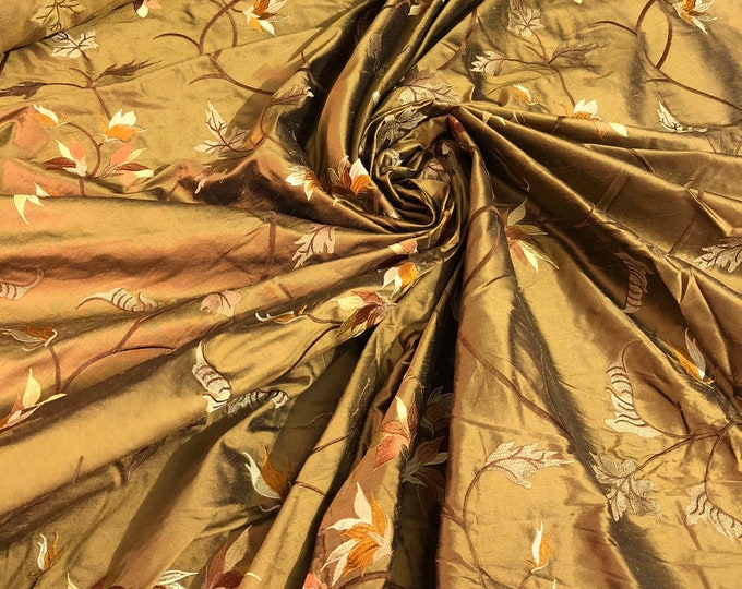 Silk shantung 54" wide    Beautiful bronze color floral embroidery silk shantung fabric sold by the yard