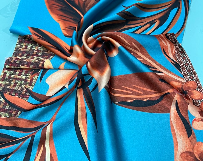 Soft Satin charmeuse digital print 54" wide   Beautiful dark turquoise with copper brown branded floral design   Fabric sold by the yard
