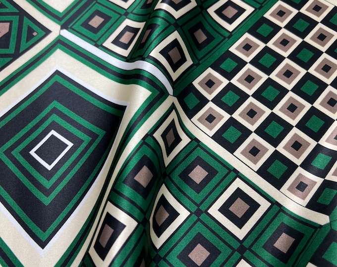 100% silk satin charmeuse digital print 54" wide    Beautiful geomatic style bottle green black white color design soft fabric 54” wide