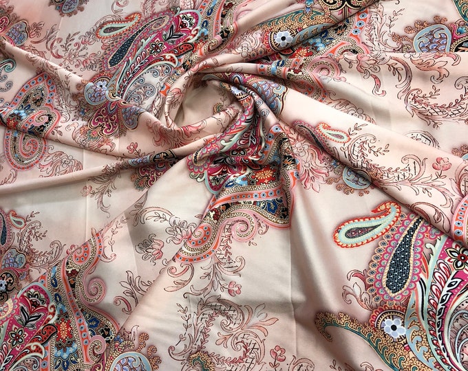 Satin charmeuse digital print 54" wide      Beautiful paisley design      Soft silky fabric sold by the yard