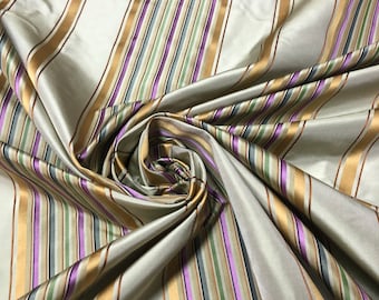 Silk taffeta 54"   Beautiful beige taupe color multi color satin stripes with gold satin stripes fabric sold by the yard
