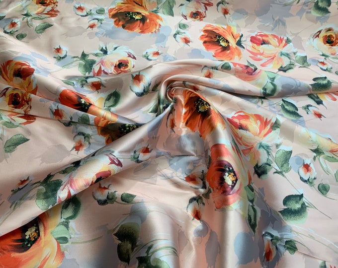 Mikado Zibelline printed fabric 54” wide.  Beautiful tie die pastel colors floral print beat used for apparel. Sold by the yard