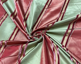 100% silk beautiful  green with  red satin stripes with Velevt Embosed stripe silk taffeta 54" wide            Sold by the yard