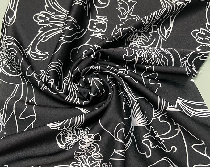 Soft Satin charmeuse digital print 54" wide   Beautiful black & white modern abstract design   Fabric sold by the yard