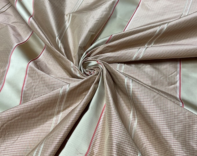 100% silk beautiful beige wine tiny chcek with mint green satin stripes.  silk satin taffeta 54" wide            Sold by the yard