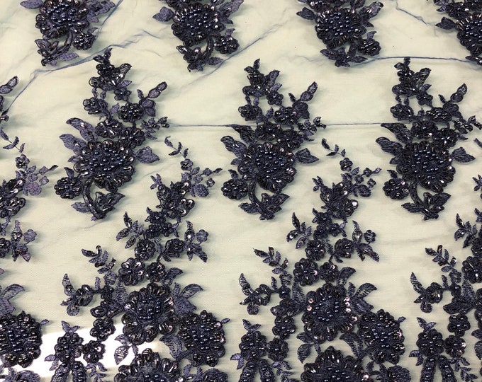 Hand beaded floral design with 3D flowers navy color lace on mesh fabric sold by the yard