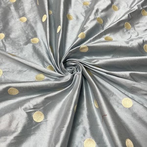 Beautiful 100% silk shantung embroidery 54” wide. Baby blue base color with champagne gold polka dot embroidery. Best used for home Decore image 5