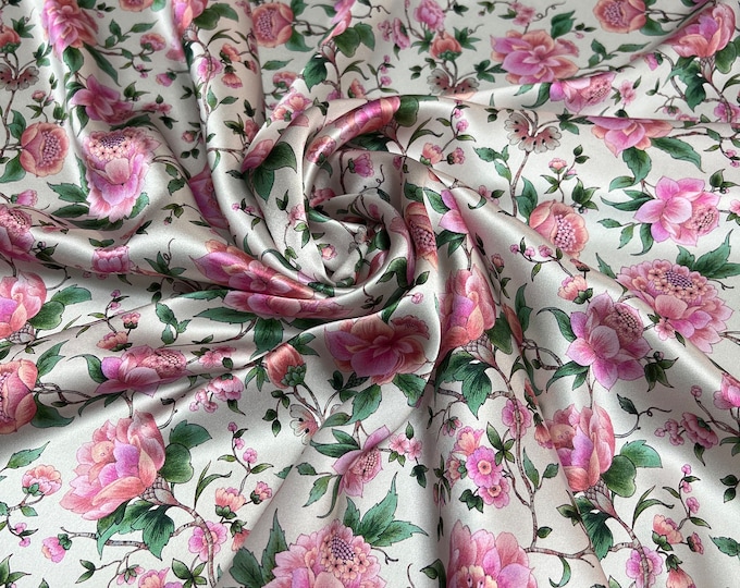 100% Silk Satin charmeuse digital print 54" beautiful rainbow shades on ivory base fabric print   Fabric sold by the yard