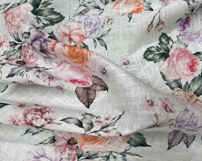 100% Linen designer print, Ivory base with pastel colors allover floral  designer printed linen. 58” wide Sold by the yard