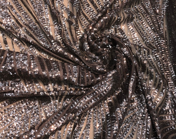 Beautiful sequins design 50" wide    Charcoal grey sequins on grey mesh   Fabric sold by the yard