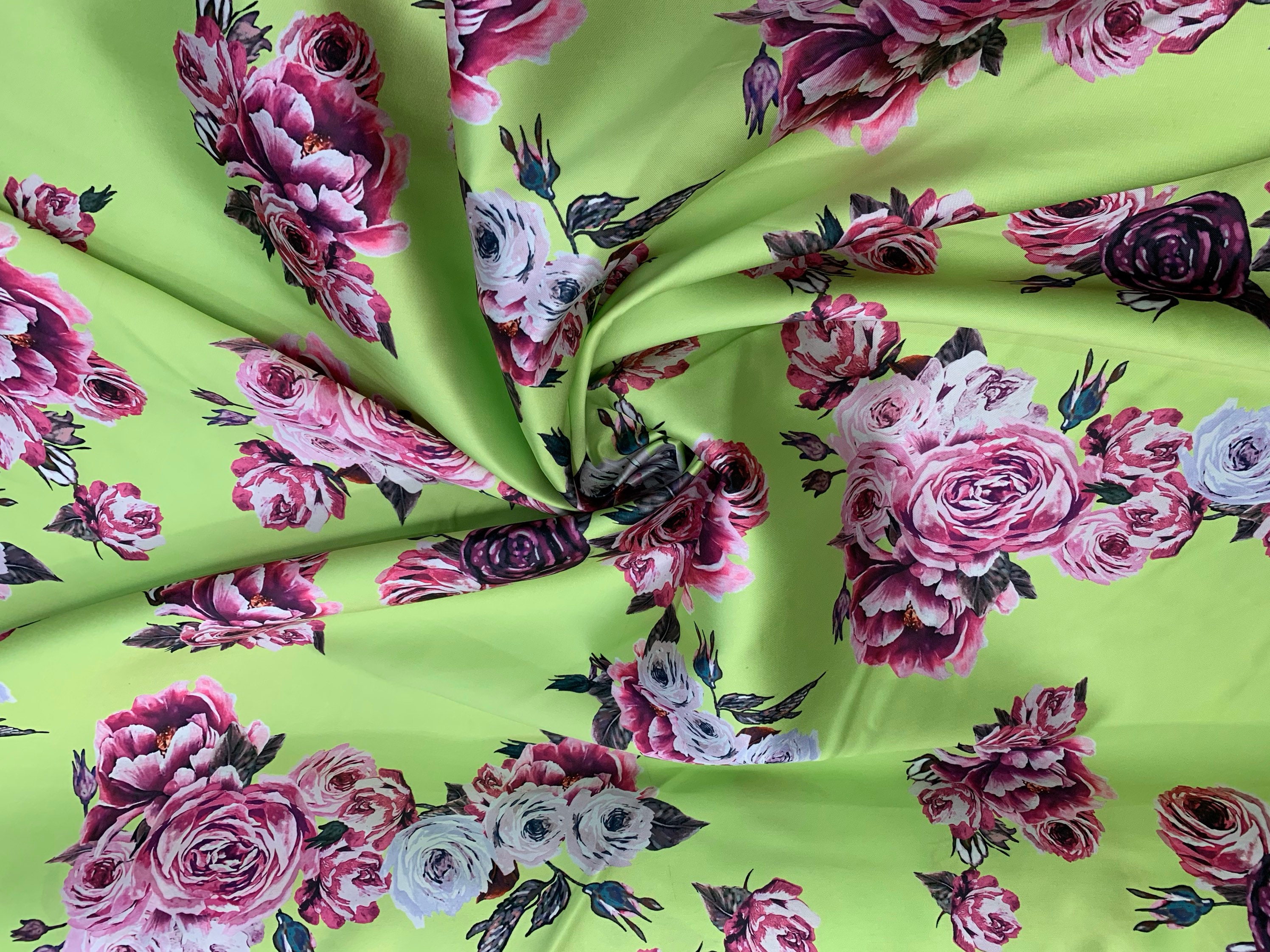 Mikado Zibelline printed fabric 54” wide. Beautiful bright green base