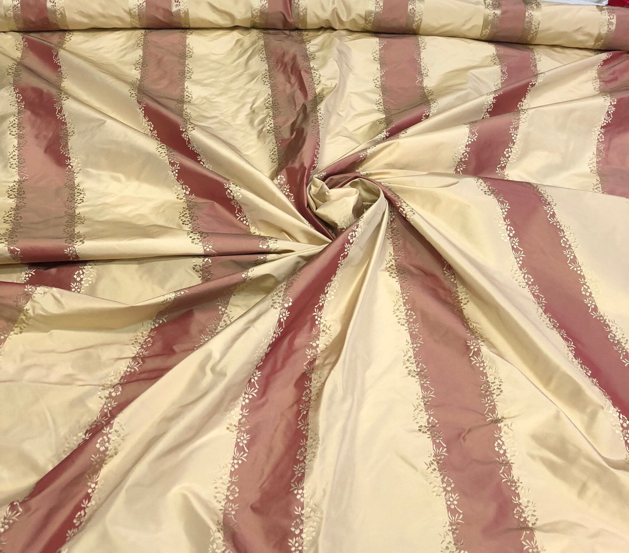 Silk taffeta 54 wide Beautiful tomato gold silk taffeta jaquard stripe