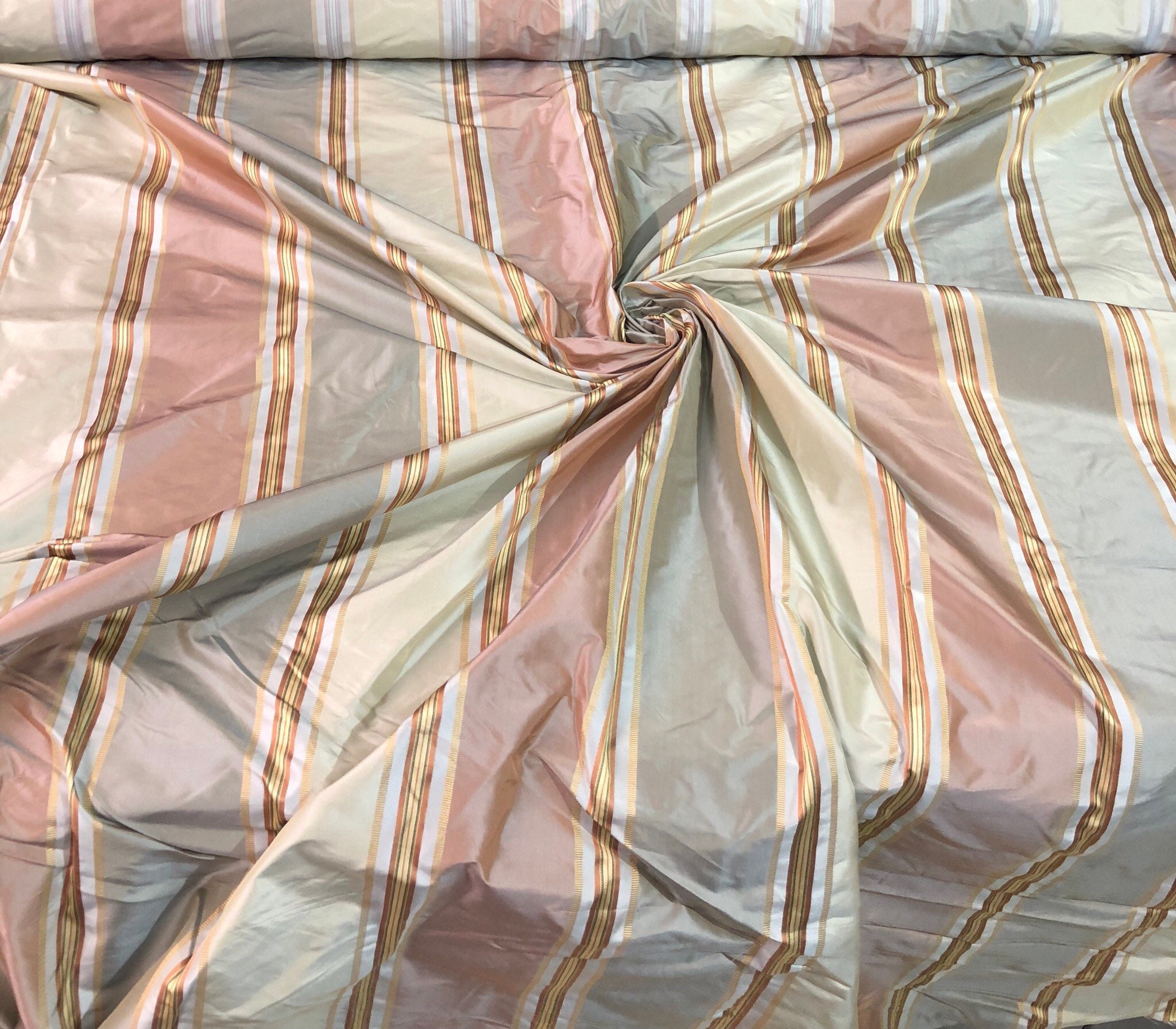 Silk taffeta 54 wide Beautiful gray pink peach statin stripe silk